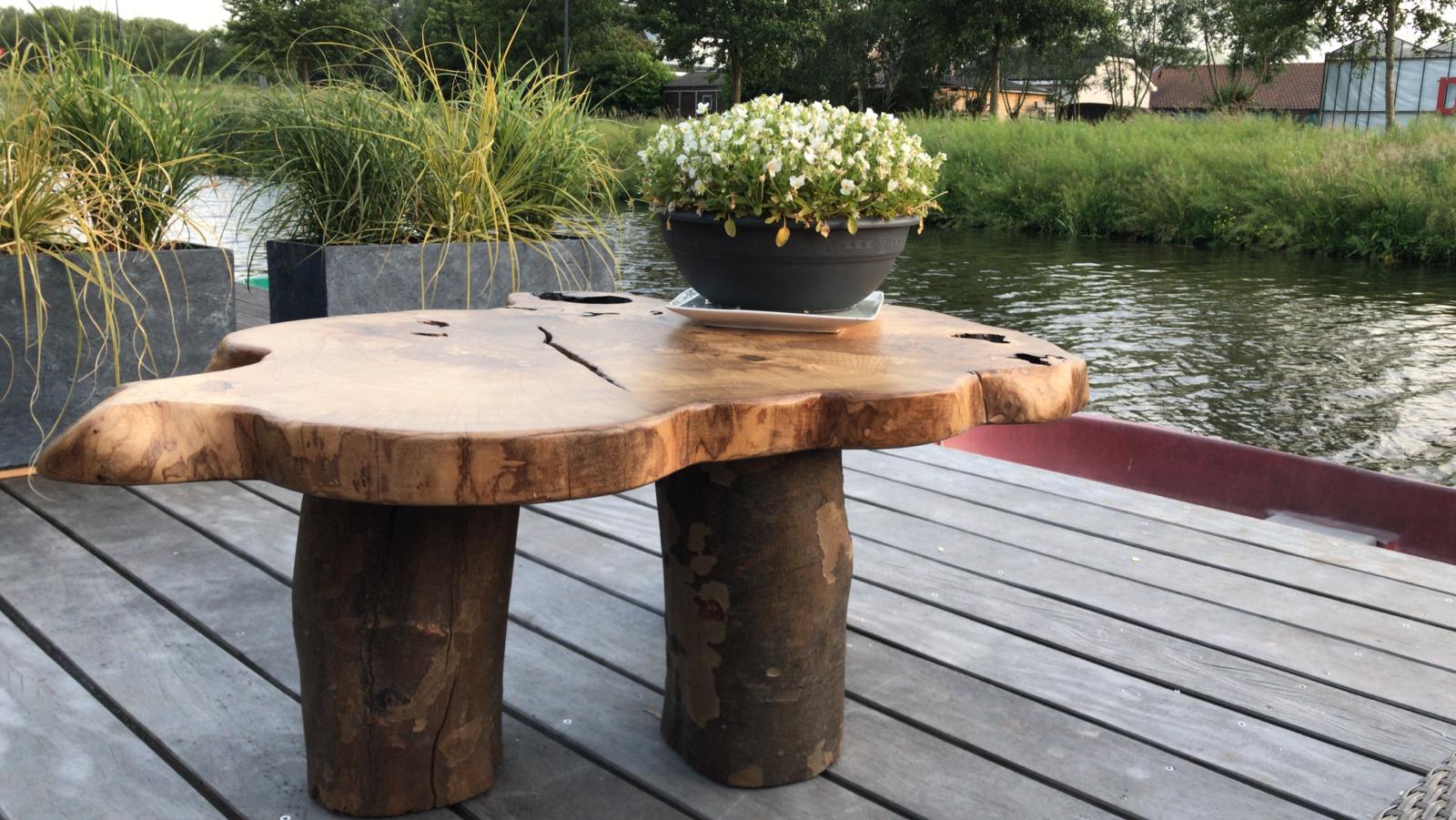 Ronde boomstamtafel op boomstam-poten, buiten aan het water